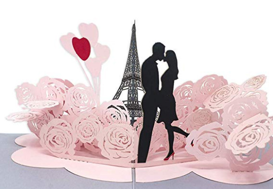 Pop-up Roses and Eiffel Tower Romantic Greeting Card for Valentine's Day or Anniversaries