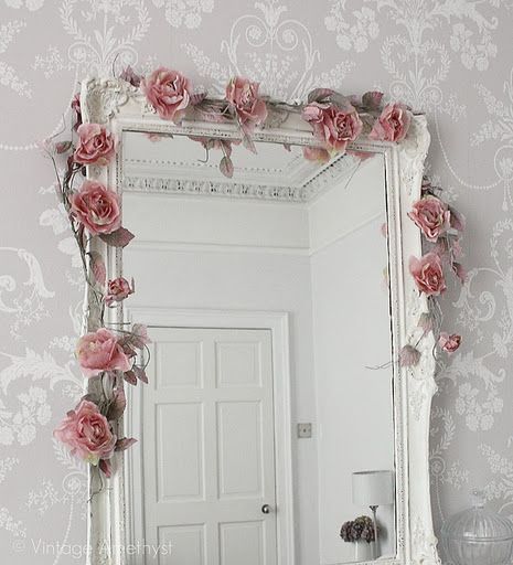 rose garland on mirror - Valentine's Day decorating