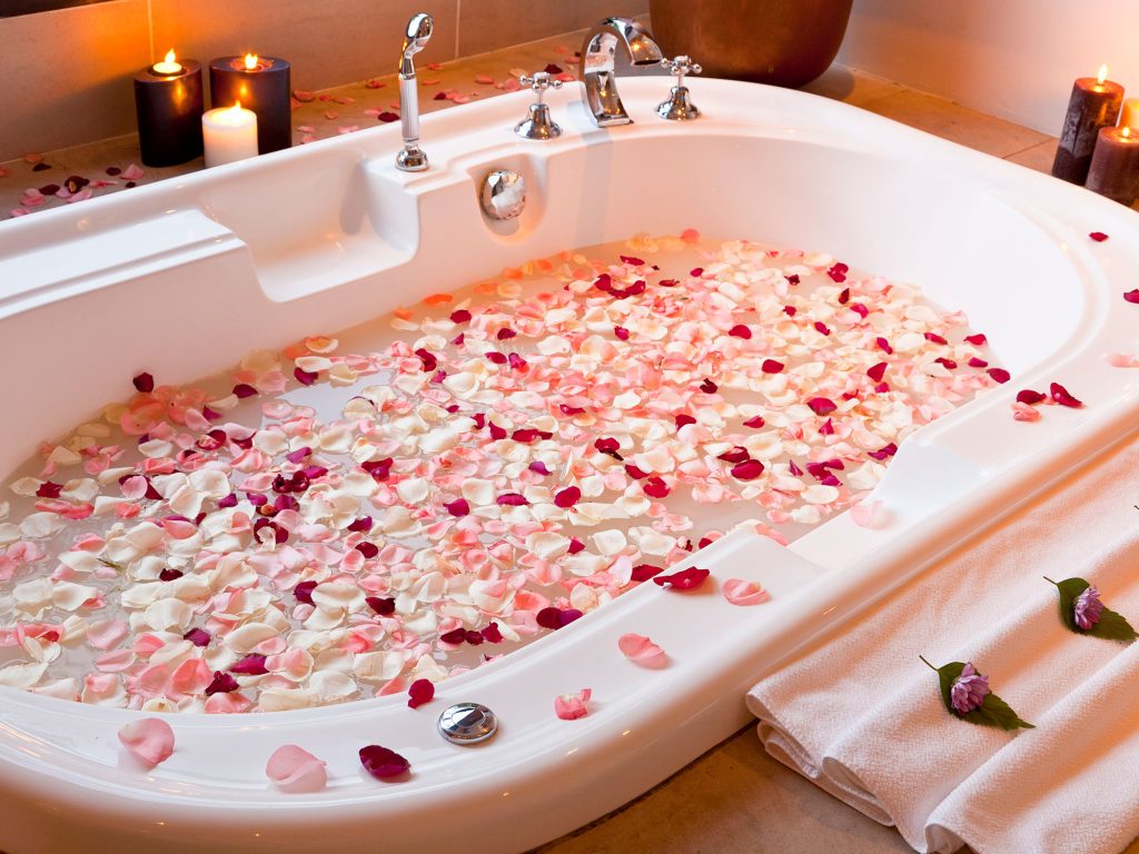 Rose petals in bath tub