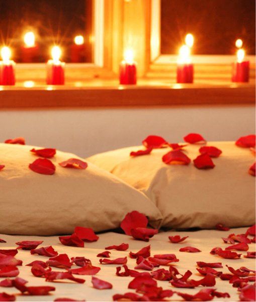rose petals on bed